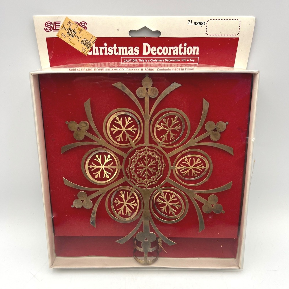 Sears Christmas Tree Topper Gold Brass Snowflake Die Cut Ornate In Box Vintage